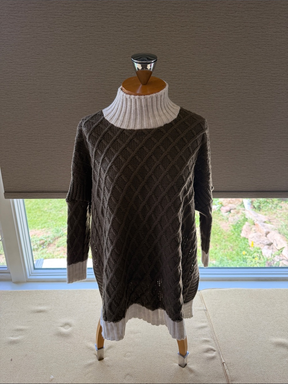 Women's Cable Knit Turtleneck Sweater - Brown with Cream Trim
